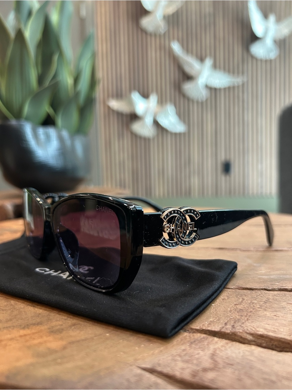 CHANEL Black Sunglasses with Gold CC Logo Accent